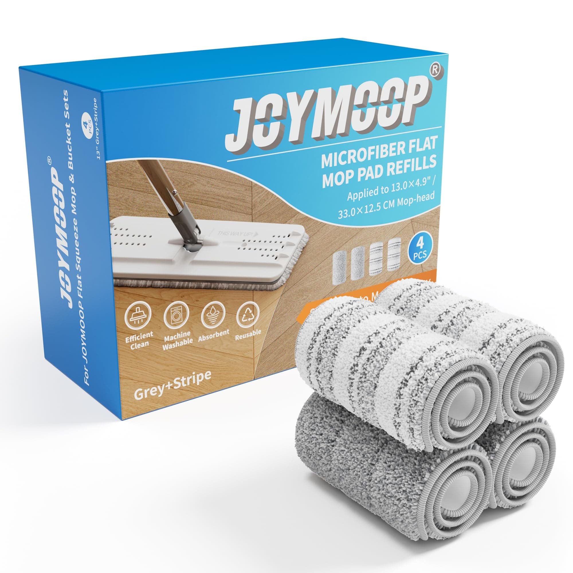 JOYMOOP Mop Replacement Pads, 4-Pack 13" × 4.9" Microfiber Flat Mop Refills, Dual Grey & Stripe Pads for Wet & Dry Cleaning, Fits JOYMOOP Mop Head Refills, Machine Washable, Durable, Scratch-Free