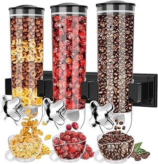 Triple Food Dispenser Wall Mounted Cereal Dispenser, Grains Dispenser Wall Mounted Dry Food Dispenser with 3 Cup, Candy Dispenser Snack Container for Kitchen Store Nut Coffee Beans 4.5L