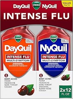 DayQuil & NyQuil Intense Flu Liquid, Value Pack, Over-the-Counter, Multi-Symptom, Powerful Relief for Body Aches, Fever, Headache, Sore Throat, and Cough, 6 Hour Relief, Cherry Flavor, 12 FL OZ