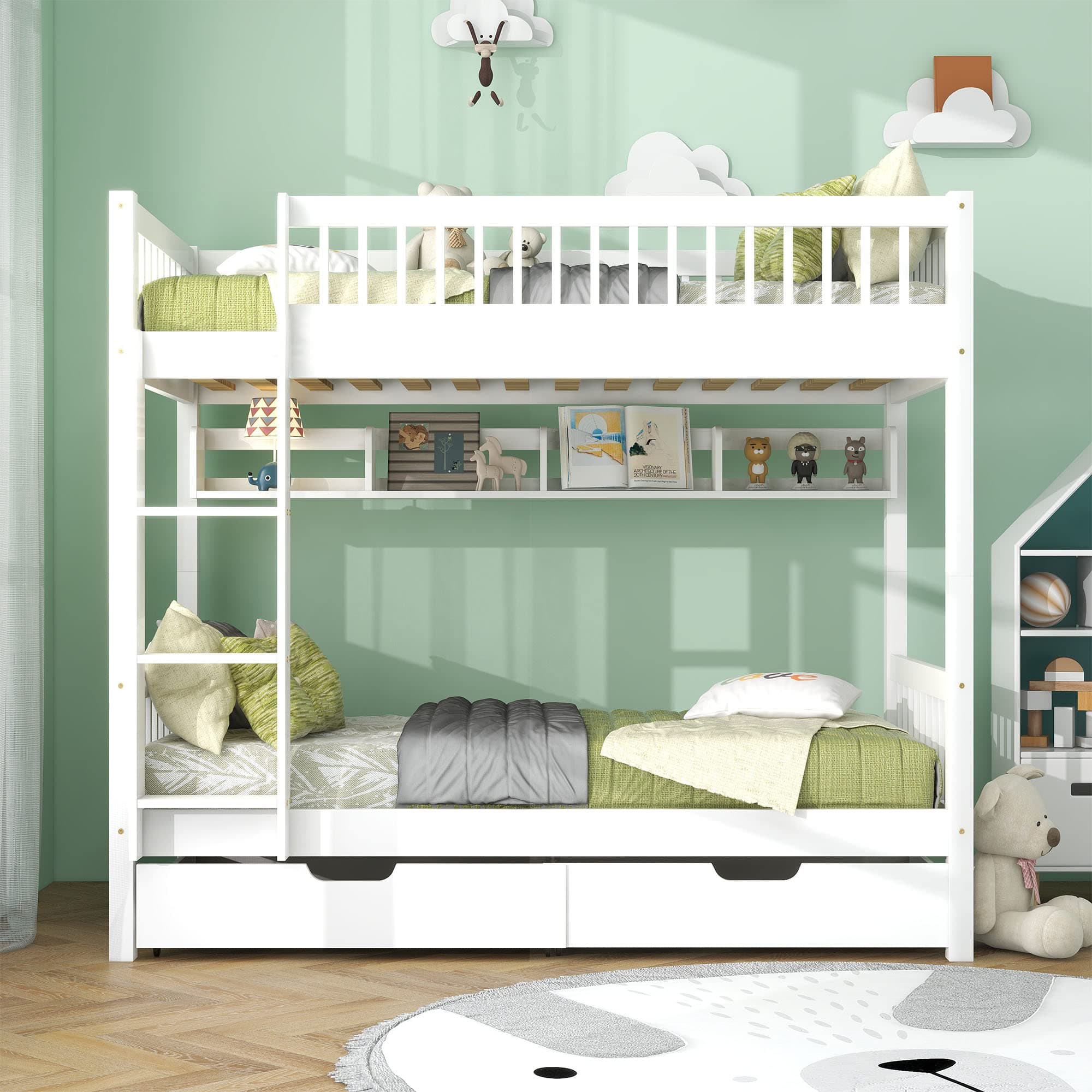 Children's Cabin Bed Frame Twin Loft Bed Bunk Bed - Retractable Pullout Bed for Kids (White)