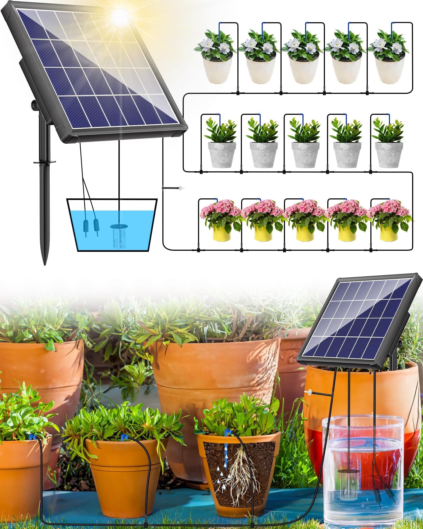 Solar Automatic Watering System, 15 Drippers Solar Powered Irrigation System 6 Modes Solar Drip Irrigation System Kit for Pot Plants Greenhouse, Garden, Terrace Waterer Outdoor Plant