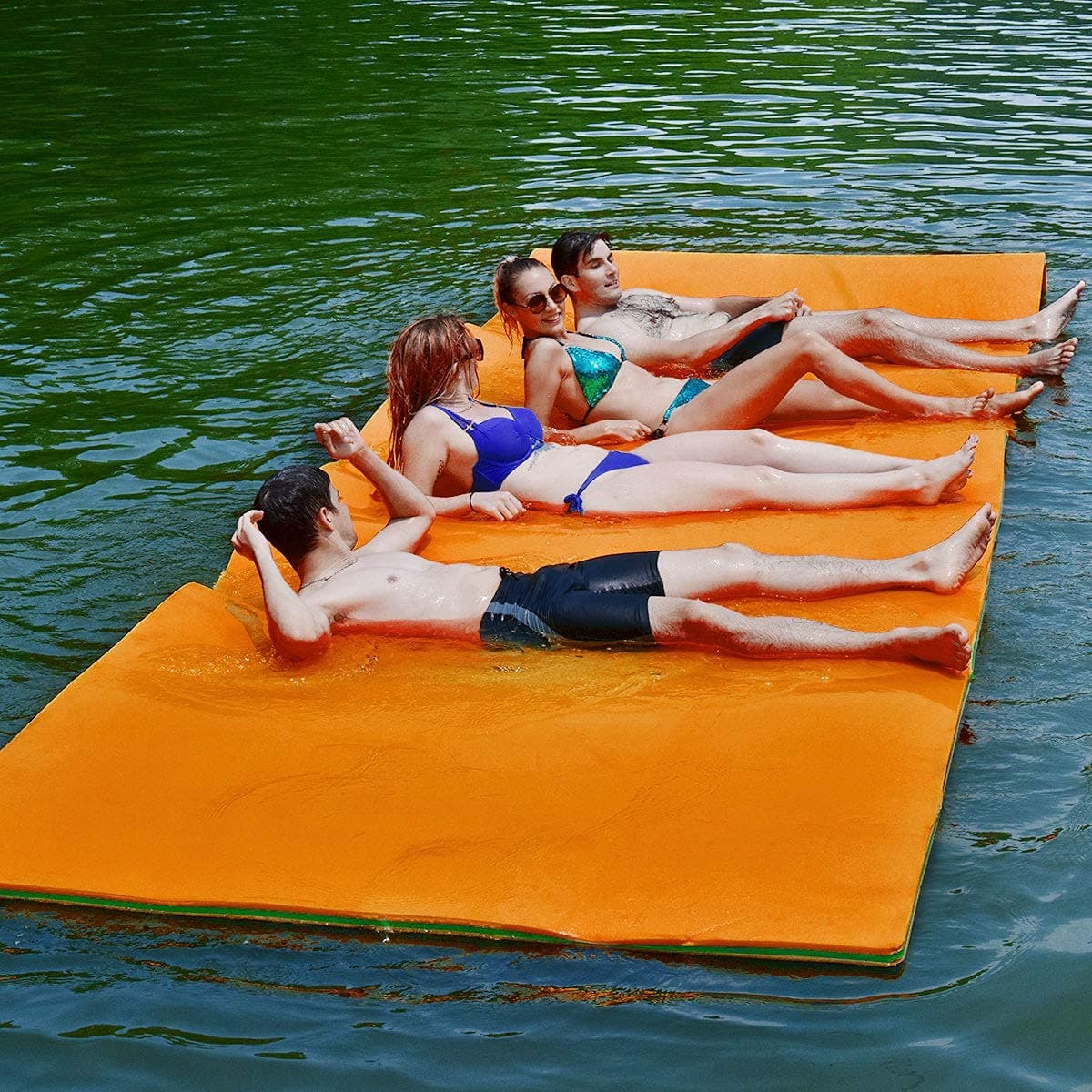 12' x 6’ Floating Water Pad, 3-Layer Tear-Resistant XPE Foam Mat, with Mooring Device and Hook-Loop Straps Roll-Up Floating Island for 4-6 Person on Pool Lake River