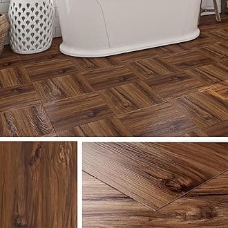Livelynine Self Adhesive Floor Tile Vinyl Flooring Tiles 30x30CM Peel and Stick Vinyl Floor Tiles Brown Wood Look 32-Tiles Waterproof Bathroom Flooring Tile Sticky Floor-Tiles for Hallway Kitchen