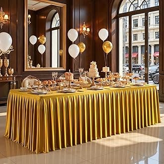 4FT Gold Satin Tablecloths for Rectangle Tables - Shiny Spandex Party Table Cover with Pleated Table Skirt, No-Wrinkle & Glossy Wedding Tablecloth One-Piece for Birthday Baby Shower Banquet Ceremony