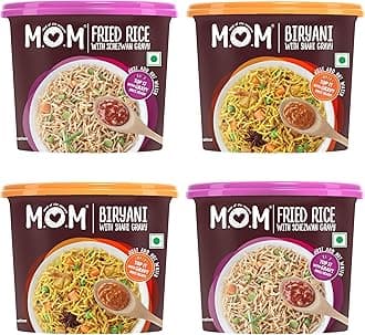 MOM - Meal of the Moment, Instant Meals Pack of 2 Veg Biryani with Shahi Gravy, and 2 Fried Rice with Schezwan Gravy - Ready to Eat | Instant Food | No Added Preservatives