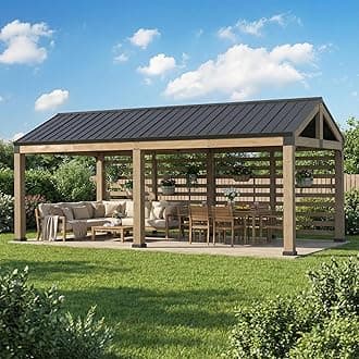 SUNJOY Carport 10.1 ft. x 21.6 ft. FSC Wood Gazebo with Privacy Wall and Rain Gutter, Outdoor Cedar Gazebos Pavilion with Hardtop Galvanized Steel Roof, Shade for Backyard, Patio Lawn and Garden