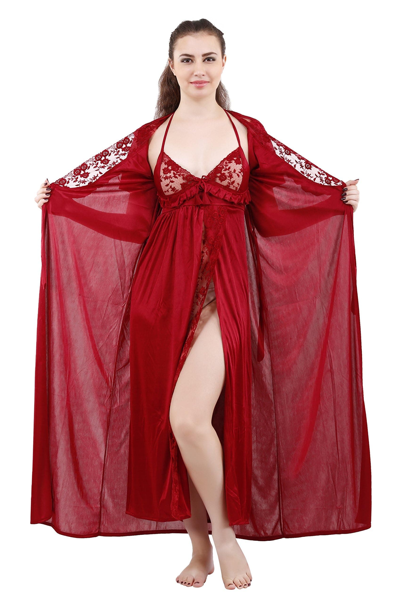 Women's Satin Solid Maxi Length Nighty with Robe (Size - Free Size) (Nightwear Set Pack of 2)