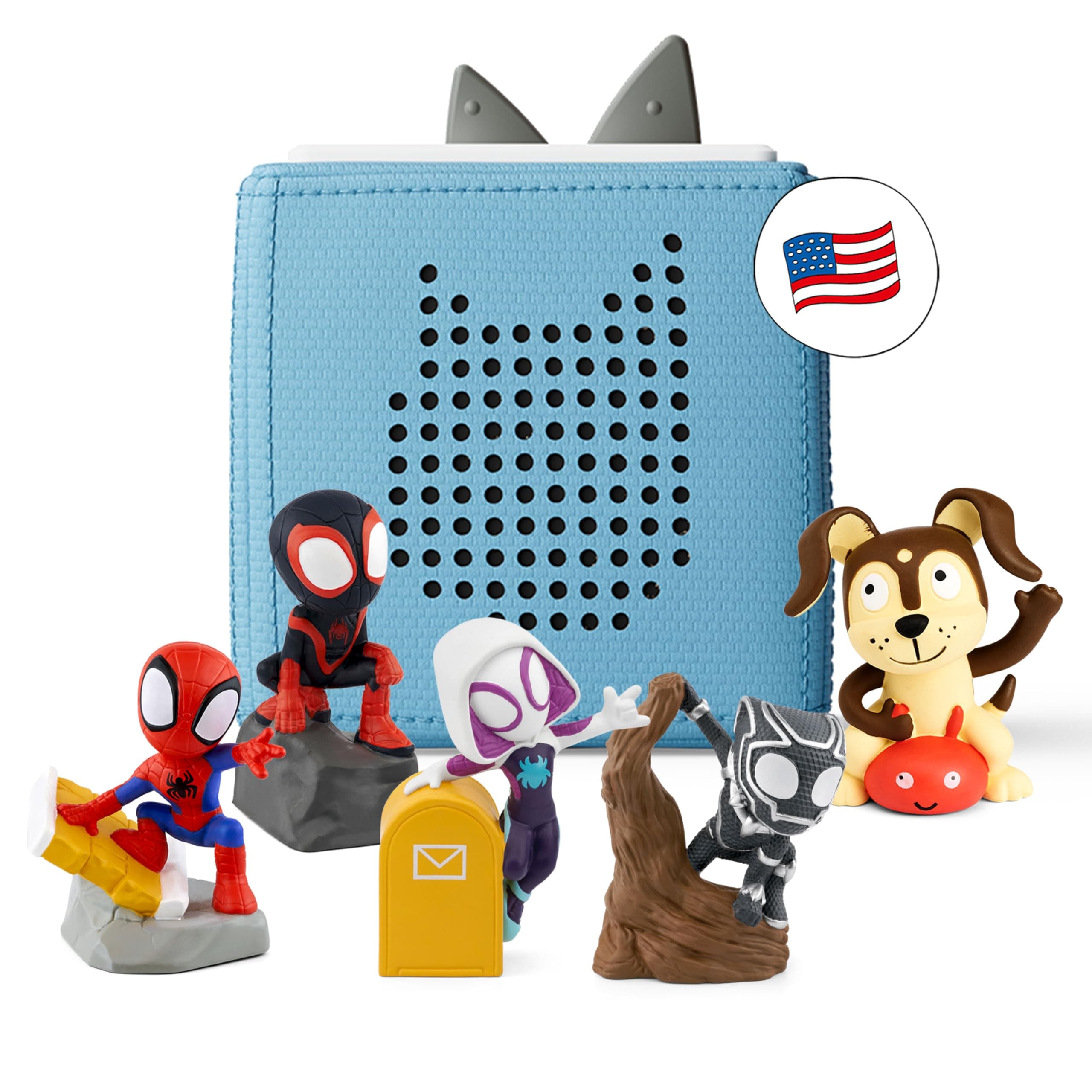 Toniebox 1 Audio Player Bundle with Spidey, Ghost-Spider, Spin, Black Panther, and Playtime Puppy - Listen, Learn, and Play with One Huggable Little Box - Light Blue [Discontinued]