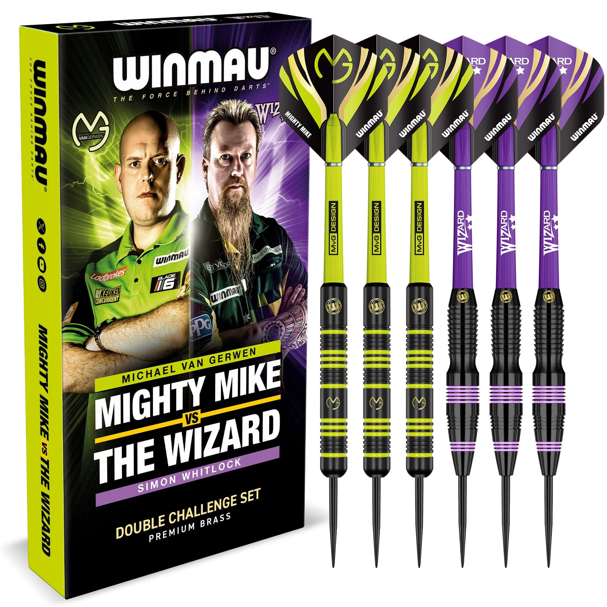 Darts Michael 'MvG' Van Gerwen Vs Simon 'The Wizard' Whitlock | Twin Set | 22g Steeltip Brass Darts with Flights and Shafts (Stems)