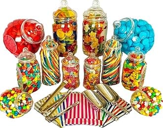 JUMBO 12 Assorted Jars 2 Scoops, 2 Tongs, 100 Bags - Vintage Victorian Pick & Mix Sweet Shop Candy Buffet Kit Party Pack (PINK)