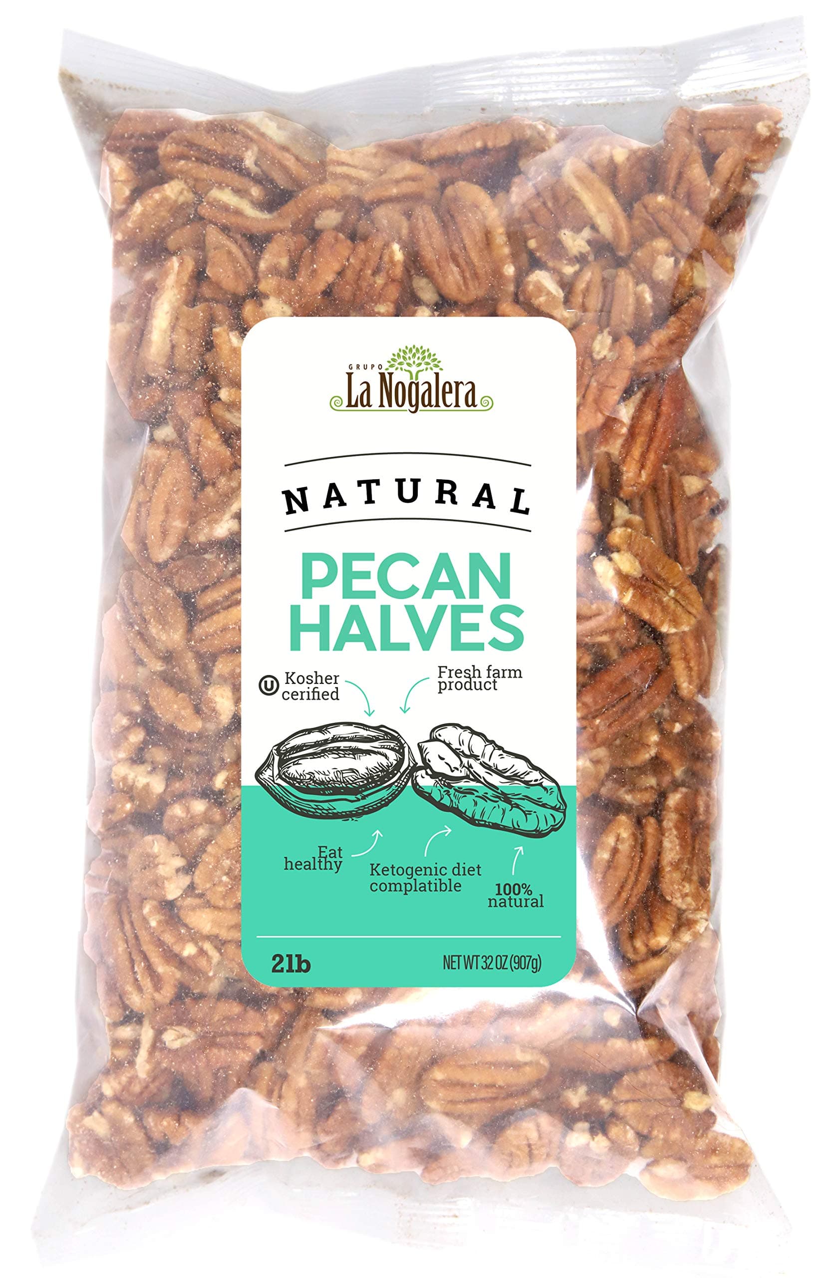 La Nogalera - 2 lbs Natural shelled pecan halves. Raw pecan nuts that compare to organic, NO SHELL, Non-GMO, Kosher and Halal Certified and Ketogenic friendly