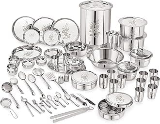 Neelam Stainless Steel Dinner Set, Durable Quality, Laser Etching 101 Pieces Set, Ideal Gifting Dinner Set, Ideal for Special Occasions Like Anniversary, Wedding, Housewarming Party, Silver