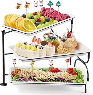 Lifewit 3 Tier Serving Tray for Party Supplies, 12 x 6.5" Plastic Platters for Food, White Rotating Trays with Black Metal Display Stand for Buffets, Cake, Snack, Veggie, Fruit, Cookies, Dessert