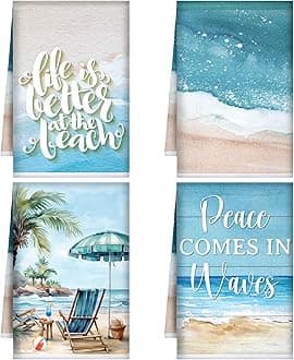 Bencailor 4 Pcs Summer Beach Kitchen Towels Nautical Coastal Hand Dish Towels Blue Ocean Waves Fast Drying Absorbent Tropical Sea Dish Cloth Housewarming Gift for Summer Home Cooking Kitchen Bathroom