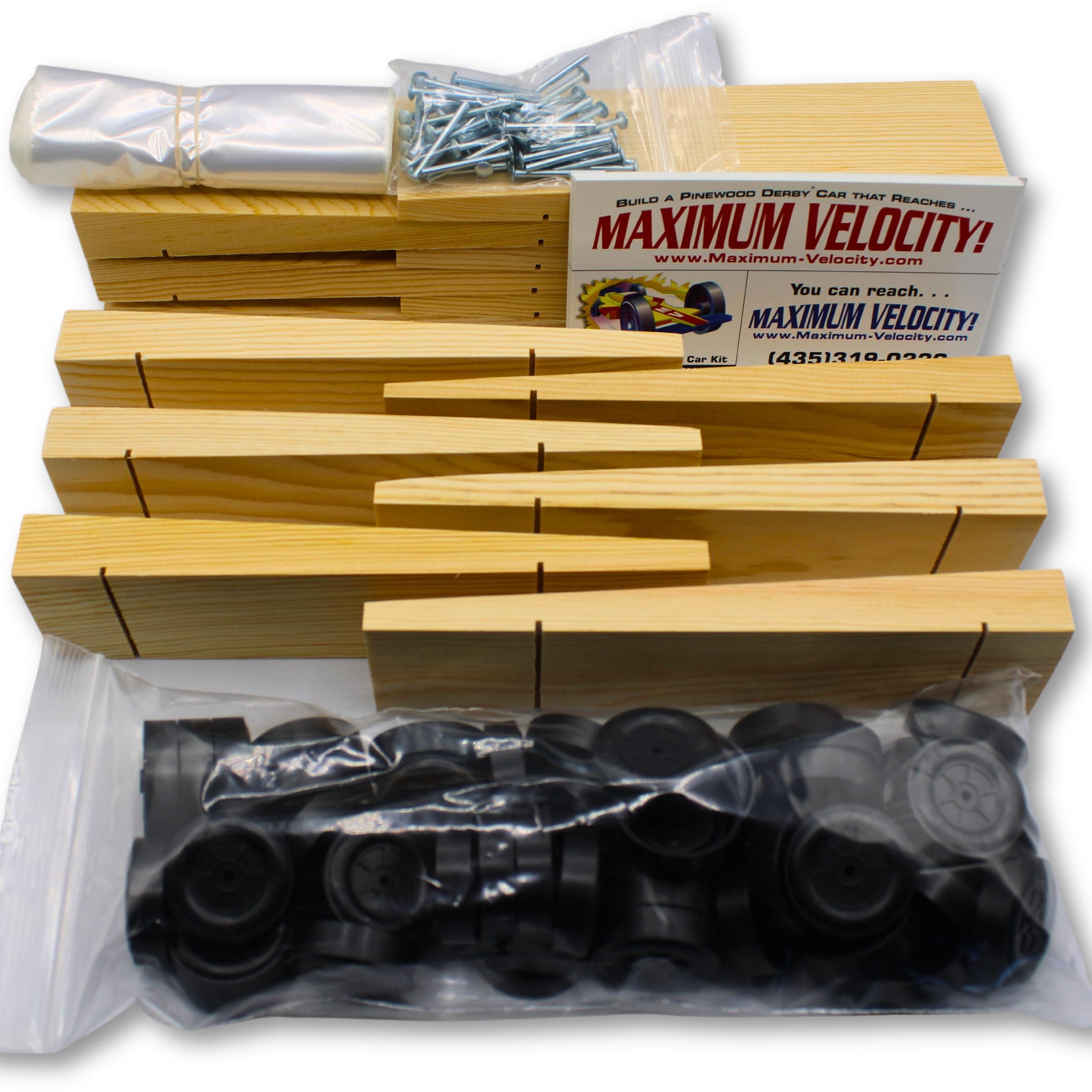 Maximum Velocity Derby Car Kits | Bulk Pack (12) | Pine Block Wedge Shaped Kits Includes Wheels & Axles | Pinewood Car Kits