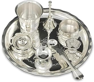 Silver Plated Pooja thali Set 8 Inch Plate Diya Dhup Dan Glass Ghanti Bowl Kumkum Stand Palli Daily Puja Thali for Diwali Home Mandir Office Wedding Return Festive Gift Items
