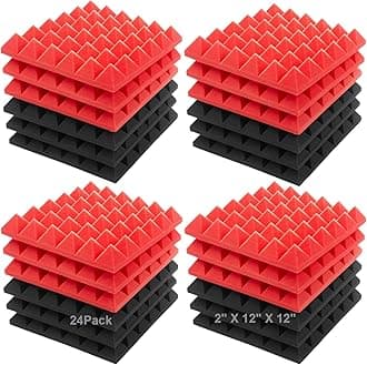 JBER Acoustic Sound Foam Panels, 24 Pack 2" X 12" X 12" Red and Black Soundproofing Treatment Studio Wall Padding Sound Absorbing Fireproof Pyramid