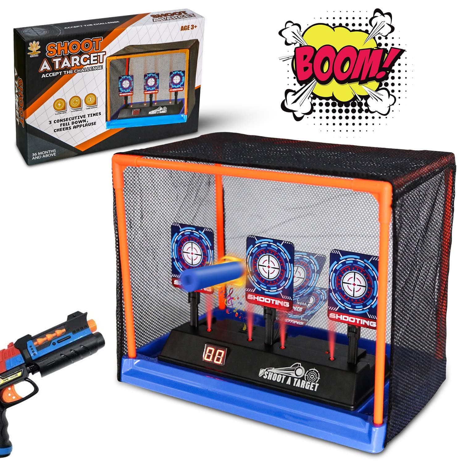 KBD Electronic Shooting Target Scoring Auto Reset Digital Targets for Nerf Guns Toys with a Support Cage & Net, Christmas Birthday Gifts Toy for Kids-Boys & Girls