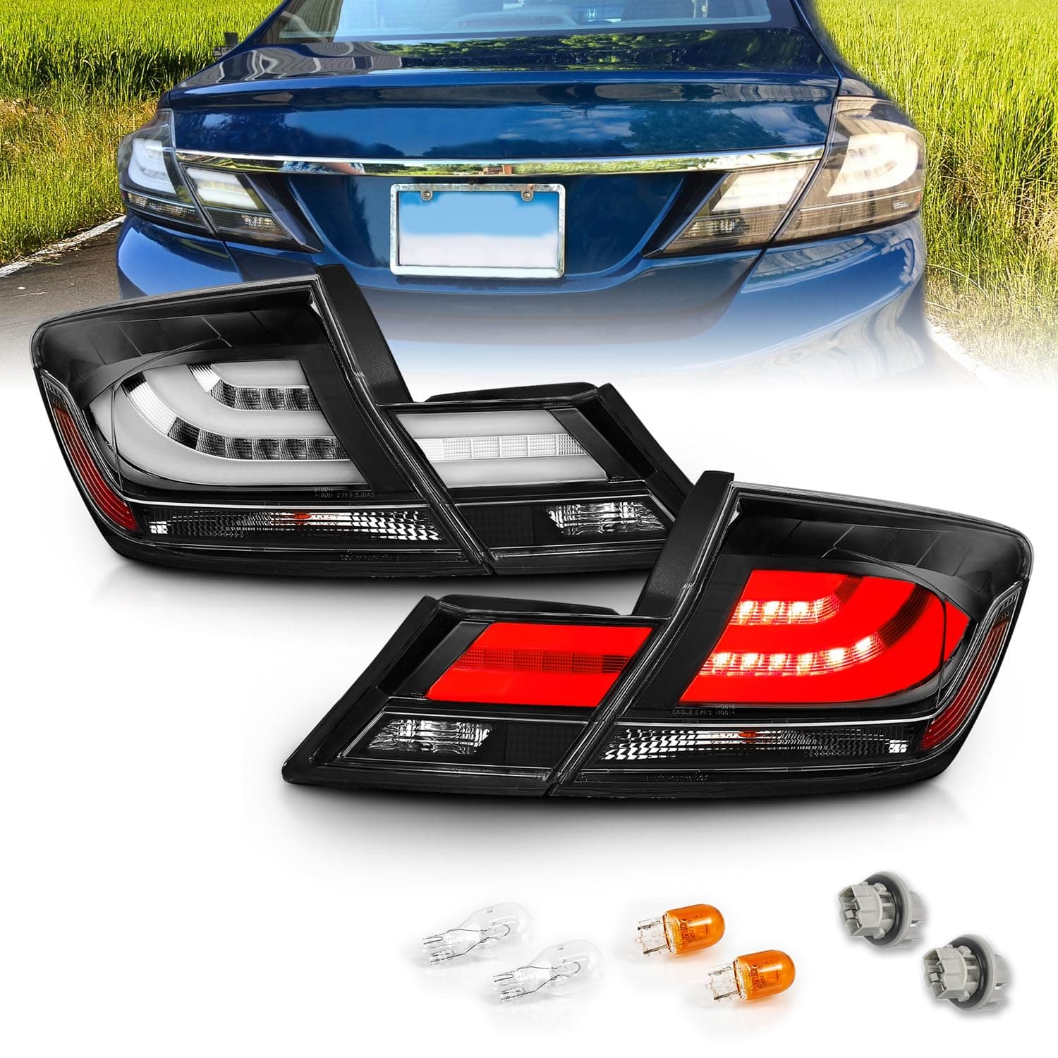 AmeriLite Black LED Bar Replacement Brake Tail Lights Set For 13-15 Honda Civic 4 Door - Passenger and Driver Side