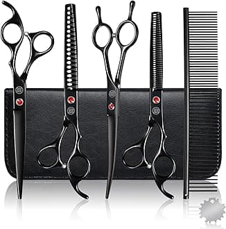 Moontay Dog Grooming Scissors Set Professional, 7 Inch Pet Grooming Scissors, 8 in 1 Straight, Curved, Thinning, Fishbone Scissors with Comb, Tension Adjuster, Cleaning Cloth and Storage Case, Black