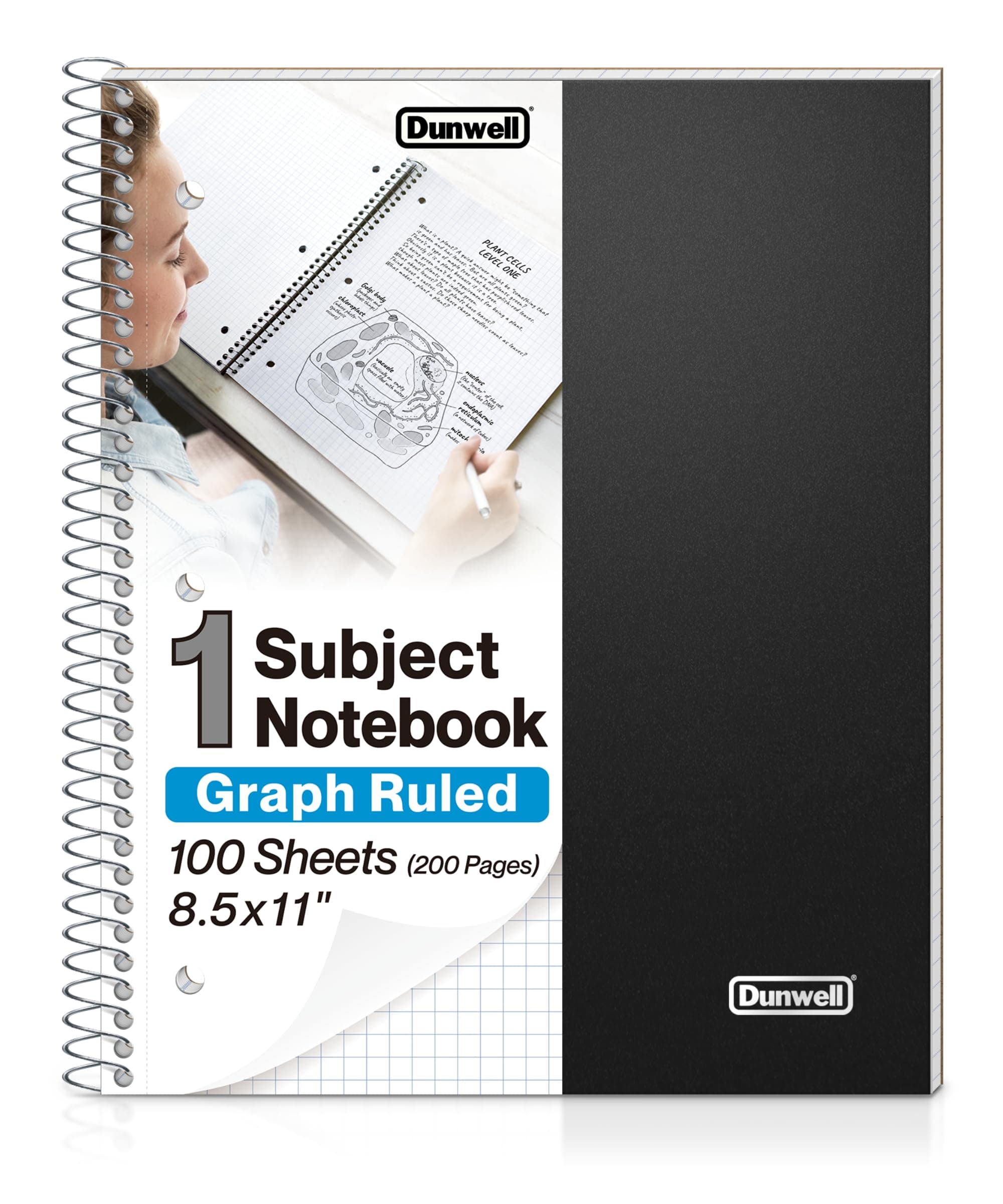 Dunwell Graph Paper Notebook 8.5 x 11 (Black) Plastic Cover, 100 Sheets (200 Pages), 4x4 Squares, 1 Subject Graph Paper Spiral Notebook, 1/4" Grid, Pocket Divider, Easy Tear-Off, 3-Hole Punched