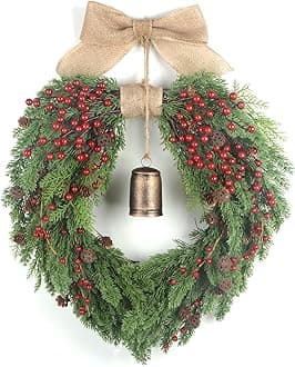Kmise Heart-Shaped Valentine's Day Wreath：22 inch,Heart-Shaped Wreath,Spring Wreaths with Red Berries,Pinecone,Linen Bow and Brass Bell for Front Door