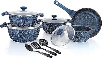 Essentials Granite 12 Piece Non-Stick Cast Aluminium Cookware sets | Induction Base | Non Stick Aluminium | Granite Casserole | Granite Fry Pan Blue
