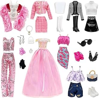 28 Pcs Dolls Clothes and Accessories, Include 7 Beautiful Sets, Also Included 1 Sunglasses + 2 Bags + 1 Pair Of Earrings + 1 Bracelet + 1 Pearl Necklace, Sets for 11.5 Inch Dolls