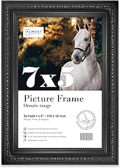 7x5 Black Ornate Picture Frame 7"x5"(17.7x12.7cm) Poster, Photo, Artwork, or Print. Baroque Style Portrait and Landscape Display with Wall Hooks