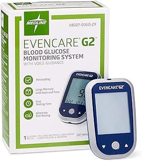 Medline EvenCare G2 Blood Glucose Monitoring Meter, Self-Testing Diabetic Care, 6 Sec Results, Batteries, Guide, Carrying Case, Logbook, Voice Assistance