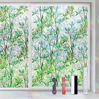 FILMGOO Window Privacy Film Rainbow Green Leaf Window Film 3D Decals Stain Glass Window Stickers Heat Blocking Non-Adhesive Reusable Decorative for Home Door Office(Leaf, 35.4 X 78.7 in)