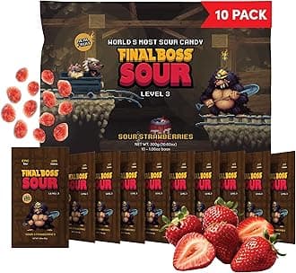 Final Boss Sour Candy, Sour Strawberries, 10 Pack, Level 3, Fruit Chews with Real Dried Fruit, No Artificial Colors or Flavors, Low Calorie Snack for Kids, Teens, Adults, Lunch Boxes