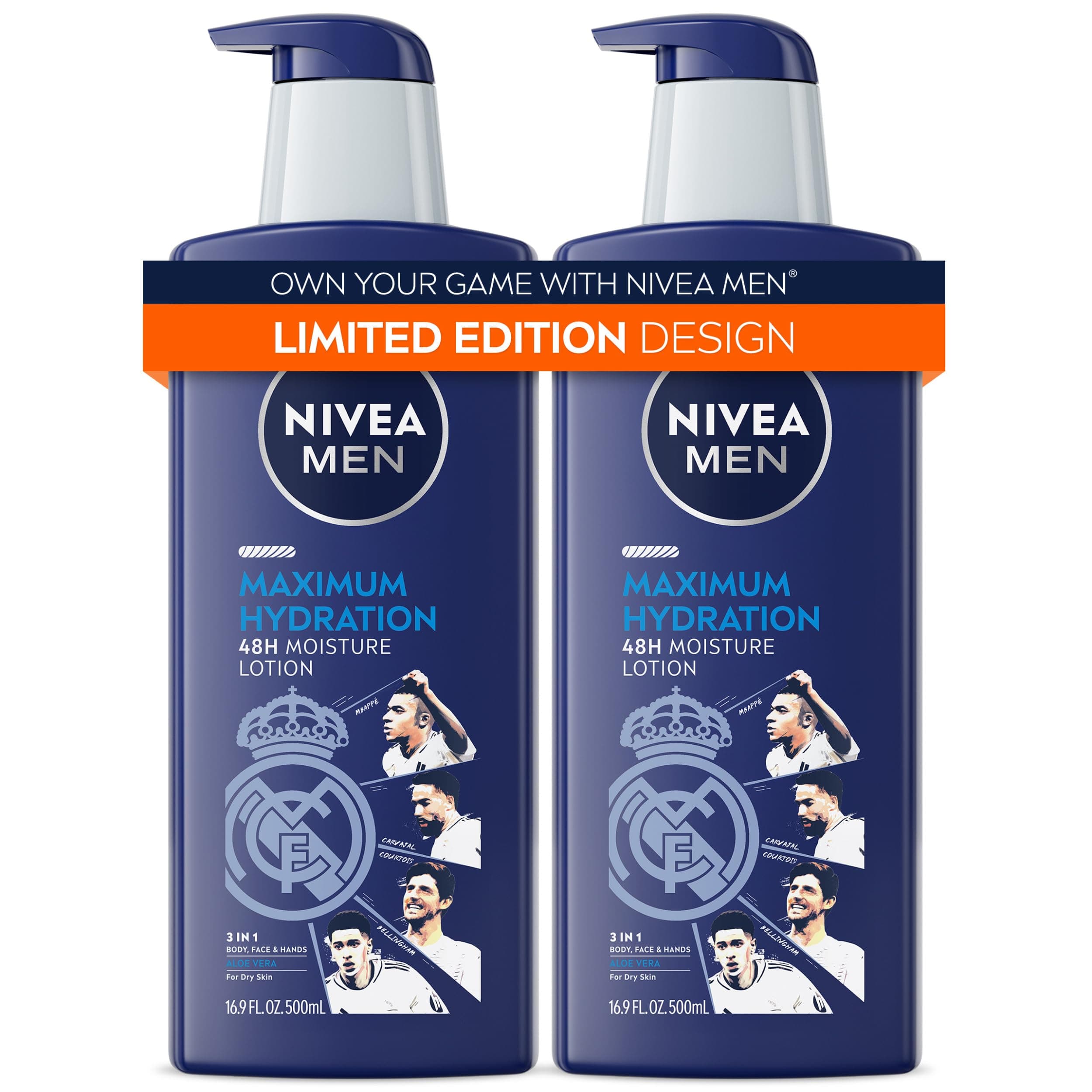 NIVEA MEN Real Madrid Limited Edition Design Maximum Hydration 48-Hour Moisture Body Lotion for Dry Skin, Aloe Vera Lotion for Men, 3-in-1 Body, Face and Hands, 16.9 Fl Oz Bottle, Pack of 2