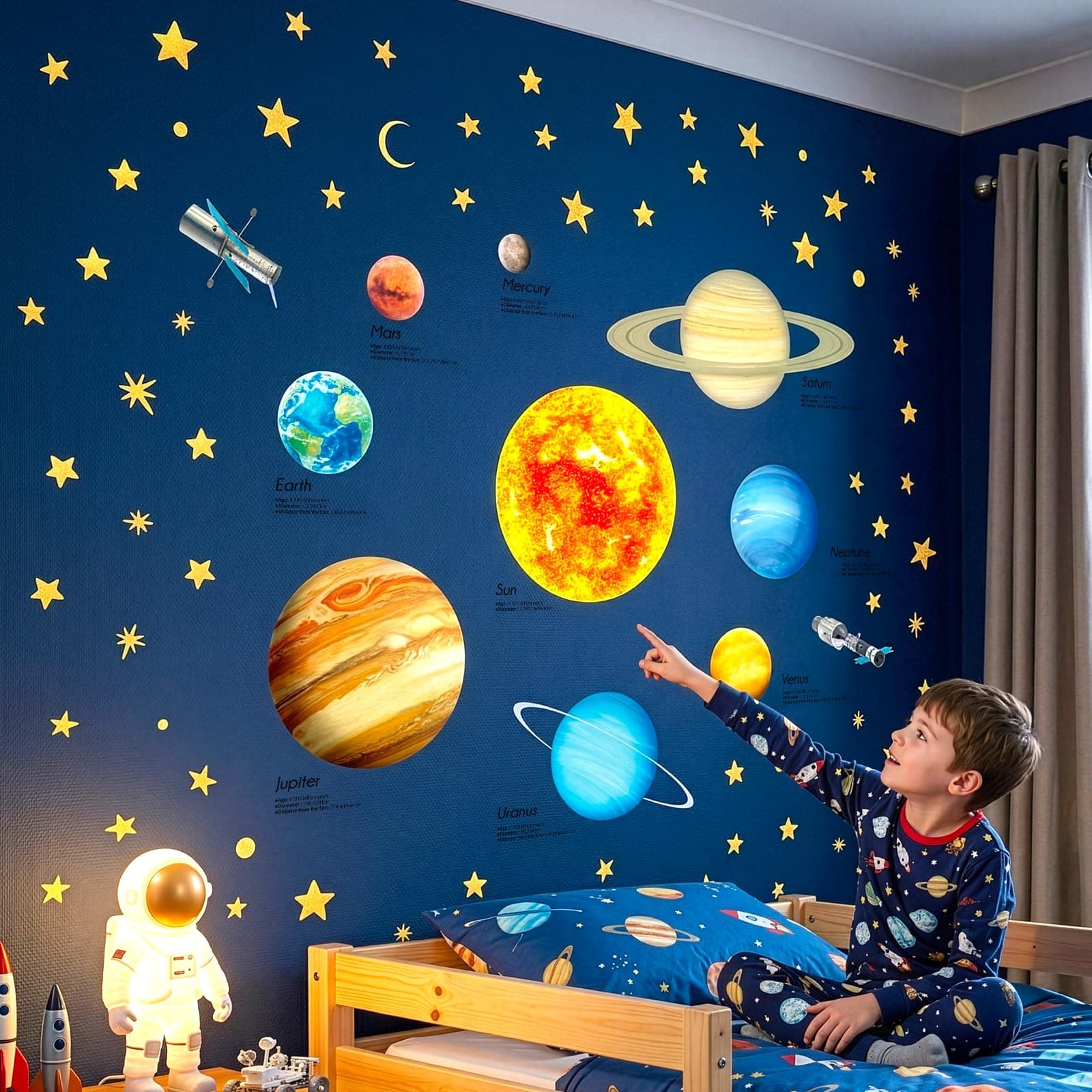 DS9-2007 Solar System Wall Stickers Planets Space Stars Decals Removable for Kids Boys Girls Nursery Bedroom Living Room Art Decor Decoration