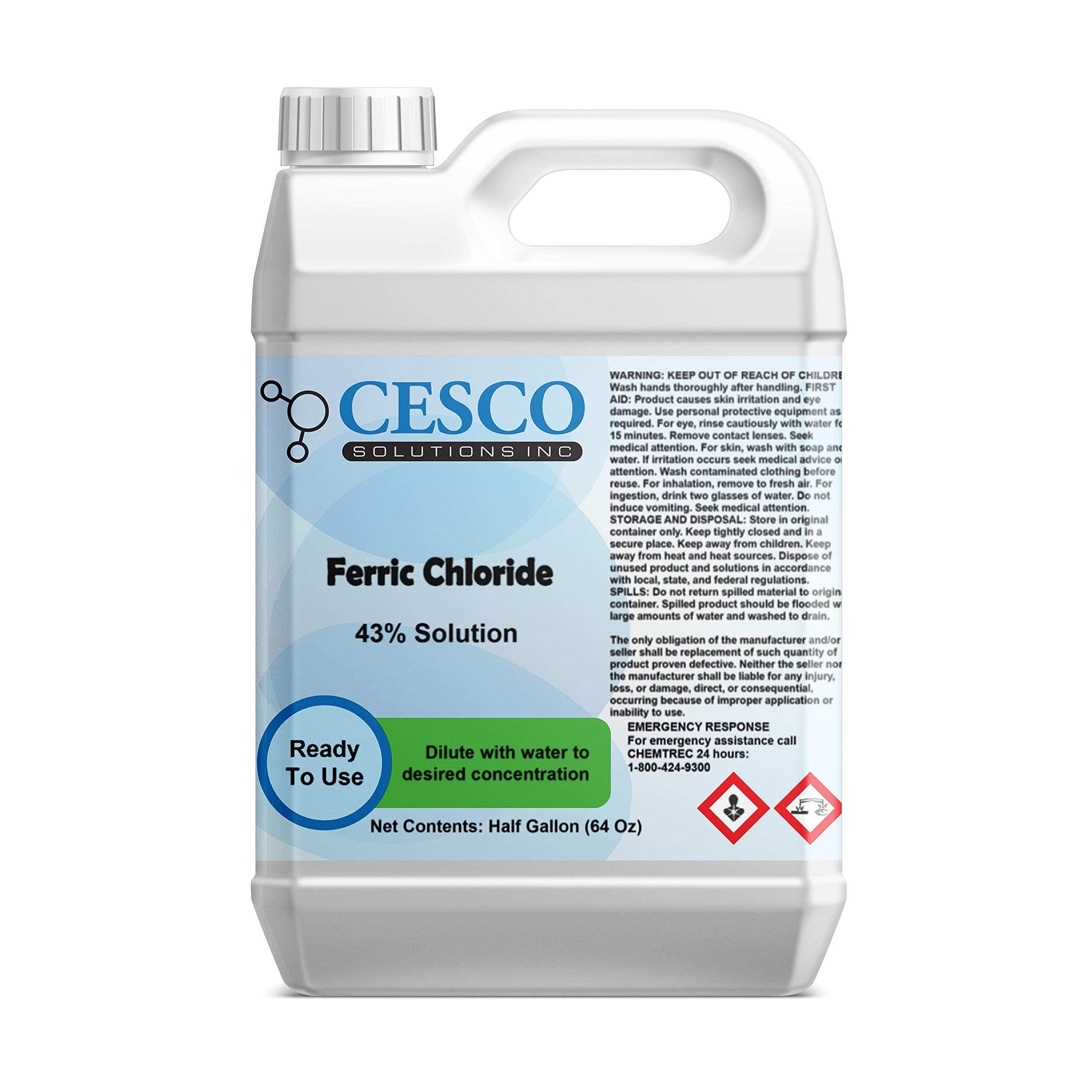 Cesco Solutions, Inc. Ferric Chloride – 64 oz High Concentration Chloride Solution – Wide Applications – Ideal as Etchant Jewelry Making, Coagulant for Water Treatment