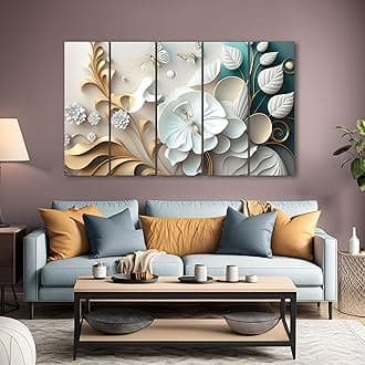 The Castle Decor-White Flower European Style Painting Set of 5 Big Size (36x60) Multiple Frames Wall Art Painting for living room,Bedroom,Drawing room,Hotels-Wooden Framed-Digital Painting