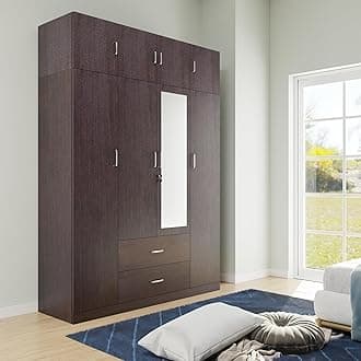 VIKI Wardrobe | Wooden Almirah for Clothes,Door for Bedroom with Loft, 4 Door Wardrobe with Drawer, Mirror & Hanging Space (Dark Wenge - 40D x 160W x 220H) | 1 Year Warranty | Free Assembly