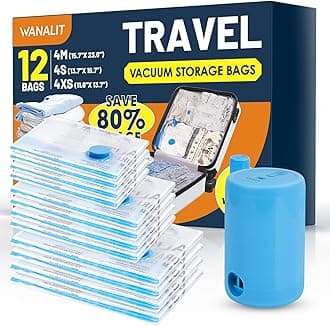 Vacuum Storage Bags for Travel, 12 Pack (4M+4S+4XS) Vacuum Seal Bags with Wireless Rechargeable Electric Pump, Travel Essentials Space Saving Bag for Clothes, Luggage, Carry-on Suitcase, Backpack