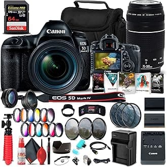 Canon EOS 5D Mark IV DSLR Camera with 24-70mm f/4L Lens (1483C018) + Canon EF 75-300mm f/4-5.6 III Lens (6473A003) + 64GB Memory Card + Color Filter Kit + Filter Kit + LPE6 Battery + More
