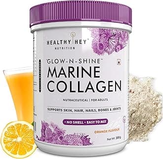 HealthyHey Glow-N-Shine Marine Collagen Peptides |Type 1 Collagen Protein Supplement with Hyaluronic Acid | Amino Acids for Skin, Hair, Nails | Paleo Friendly, Non-GMO (Orange Flavour, 200g)
