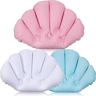 3 Pieces Inflatable Bath Pillow with Suction Cups, Terry Cloth Covered Shell Shape Bathtub Spa Pillow Comfortable Soft Cushion, Neck Support(Pink, Blue, White)
