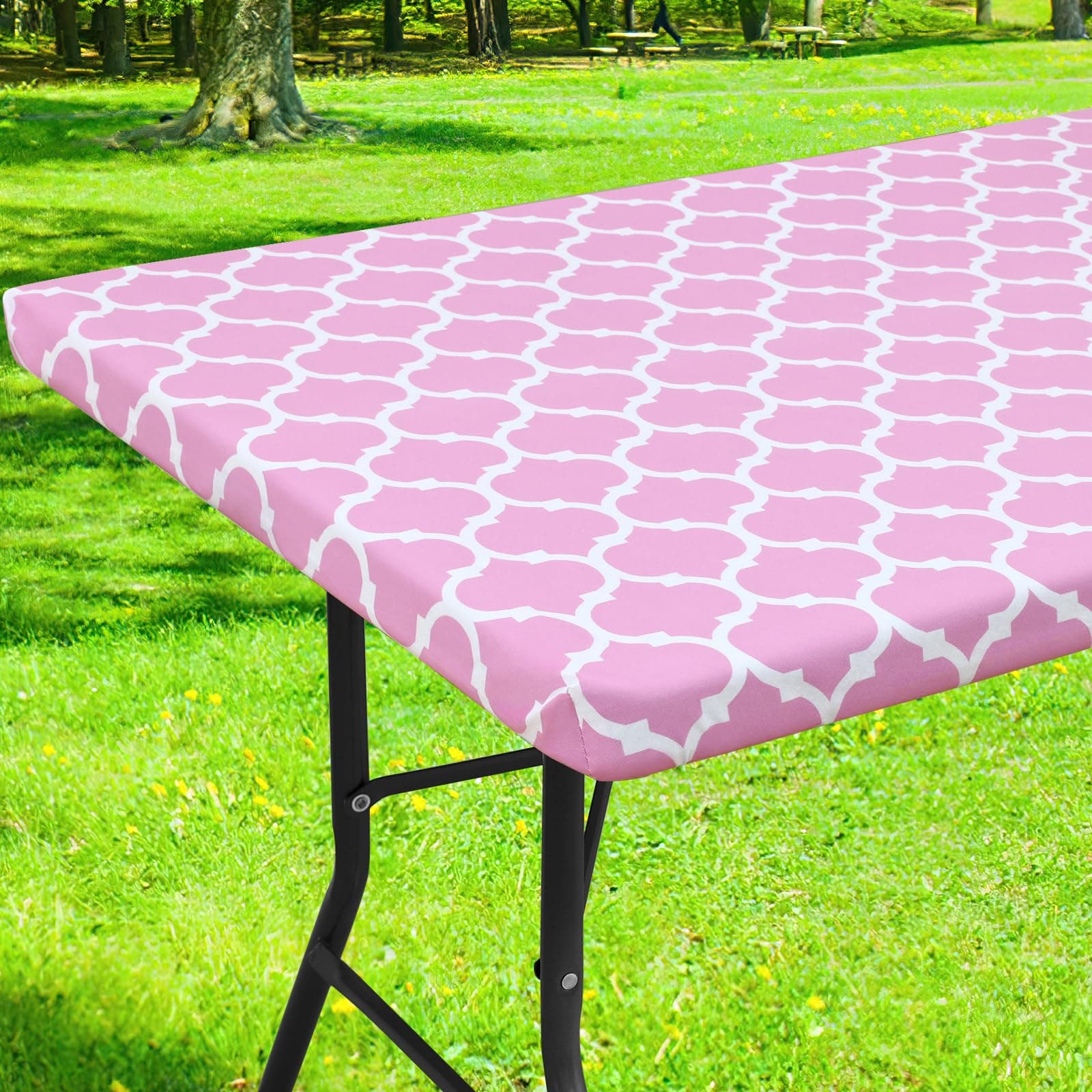 Smiry Rectangle Picnic Table Cover, Waterproof Elastic Fitted Camping Tablecloths for 6 FT Tables, Wipeable Flannel Backed Vinyl Tablecloth Protector for Valentines Day and Outdoor (Pink, 30" x 72")