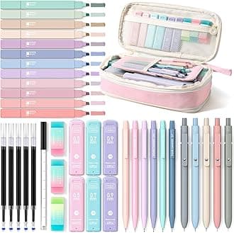 Four Candies 39 PCS School Stationery Supplies with Cute Pencil Case, 12 Pastel Highlighters, 5 Black Ink Gel Pens, 6 Mechanical Pencils, Aesthetic Girly Stationary Set (Pink)