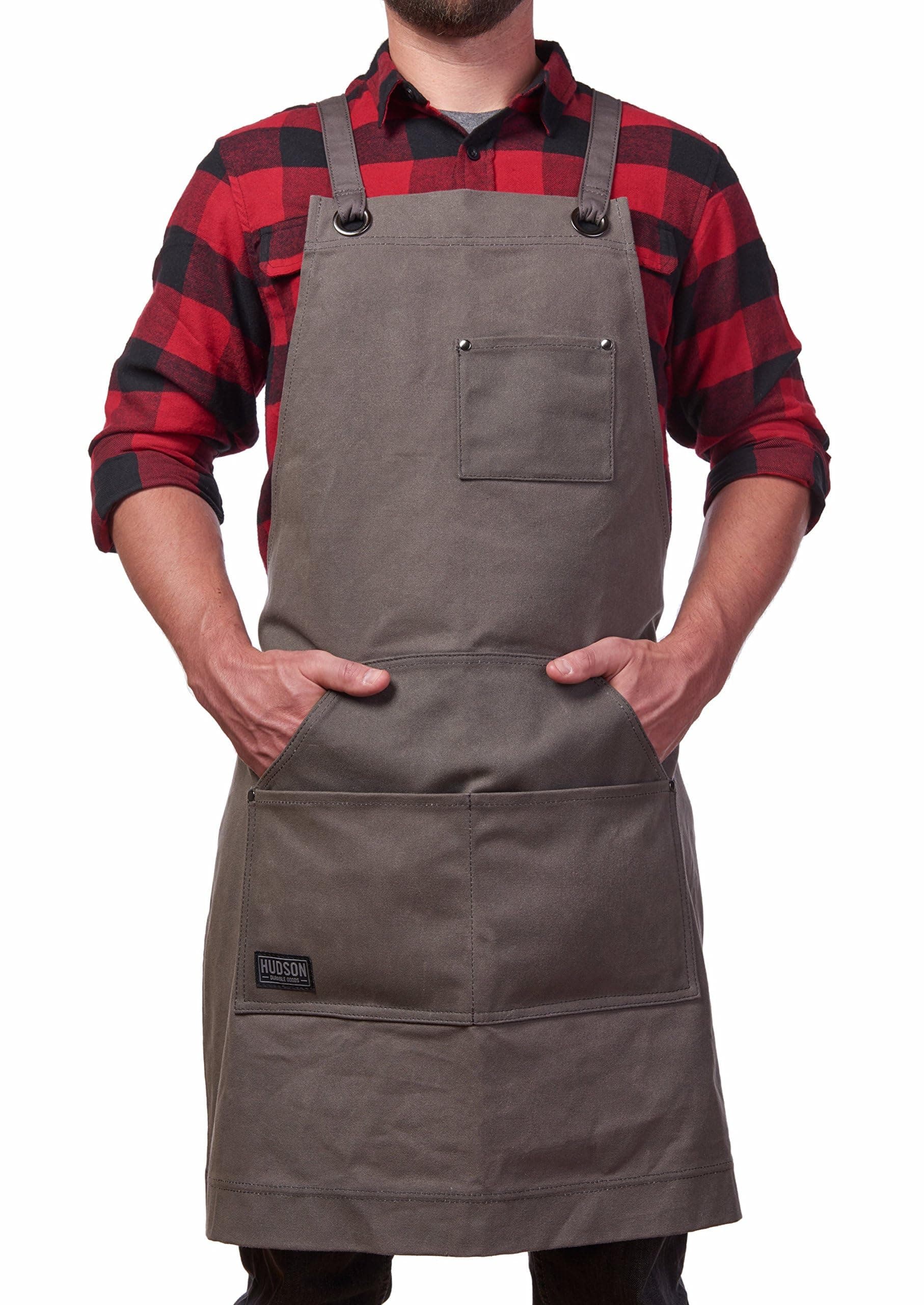 Heavy Duty Waxed Canvas Work Apron with Tool Pockets (Black), Cross-Back Straps & Adjustable M to XXL (Grey)