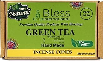 Bless International Green-Tea 100%-Natural-Incense-Cones Handmade-Hand-Dipped Organic-Chemicals-Free for-Purification-Relaxation-Positivity-Yoga-Meditation The-Best-scents (20 Count)