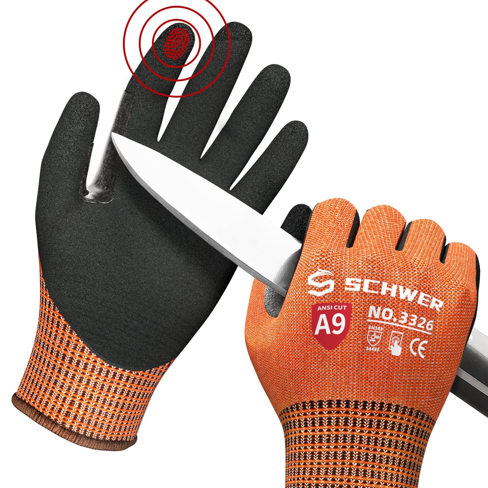 Schwer ProGuard Highest Level Cut Resistant Work Gloves PR3326 for Extreme Protection，ANSI A9 Cut Gloves with Reinforced Thumb, Non Slip, Breathable, Durable, Touch-screen, Non PFAS, Orange1 Pair（S）