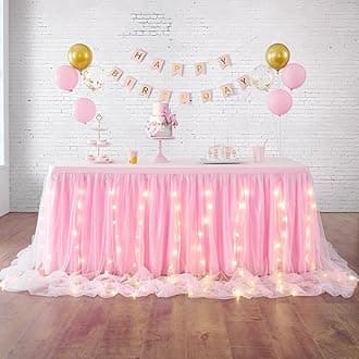 leegleri LED Table Skirt 6ft Pink Tulle Table Skirt Tutu Table Skirting for Rectangle or Round Table for Baby Shower Wedding and Birthday Party Decoration (L6(ft) H 30in)