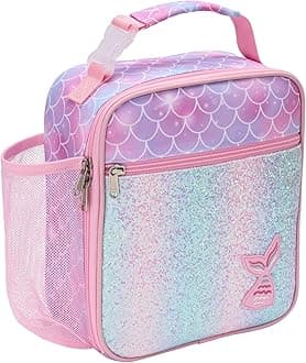 Kids Lunch Box for Girls - Insulated Toddler Lunch Bag Fits Bento Box, Reusable Daycare Cooler Tote with Clip Handle, Water-Resistant Lining, Glitter Pink Mermaid