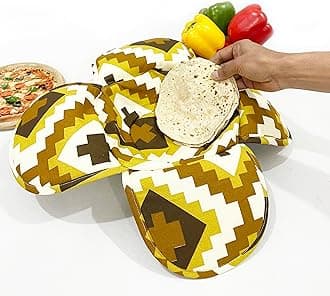 Swayam 100% Cotton Geometric Design Printed Brown and Yellow Colour Bread/Roti Basket | Size: 22 cms Diameter with Removable Cover | Pack of 1