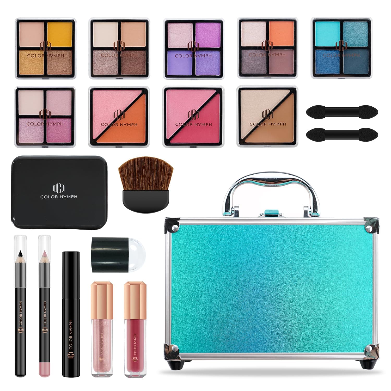 Color Nymph Beginner Makeup Kits For Teens With Train Case Included Full Makeup Kit Eyeshadow Palette Blushes Bronzer Highlighter Lipstick Brushes Mirror (Green)